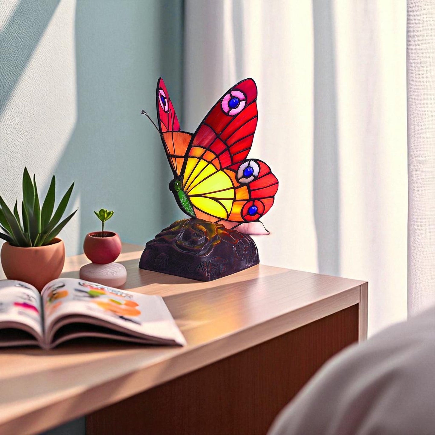 Tiffany Style Butterfly Table Lamp, Stained Glass Night Light, 10 Inch Handmade Decorative Accent Lamp for Bedroom, Living Room, Office, Art Deco Animal Design