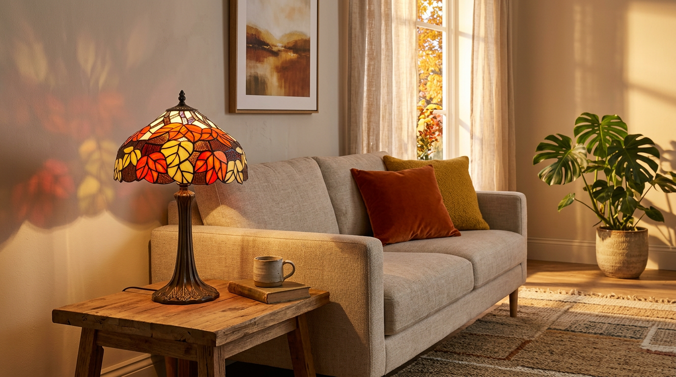 Red & Orange Maple Leaf Tiffany Table Lamp