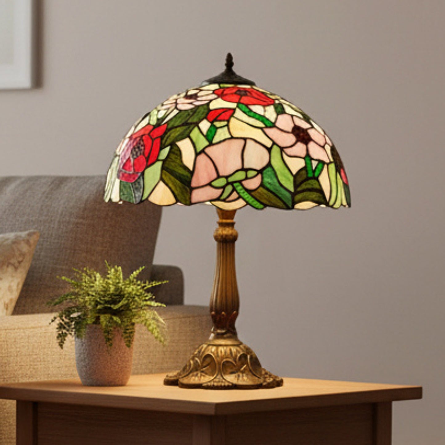 Poppy Stained Glass Tiffany Table Lamp - 12 inch Diameter