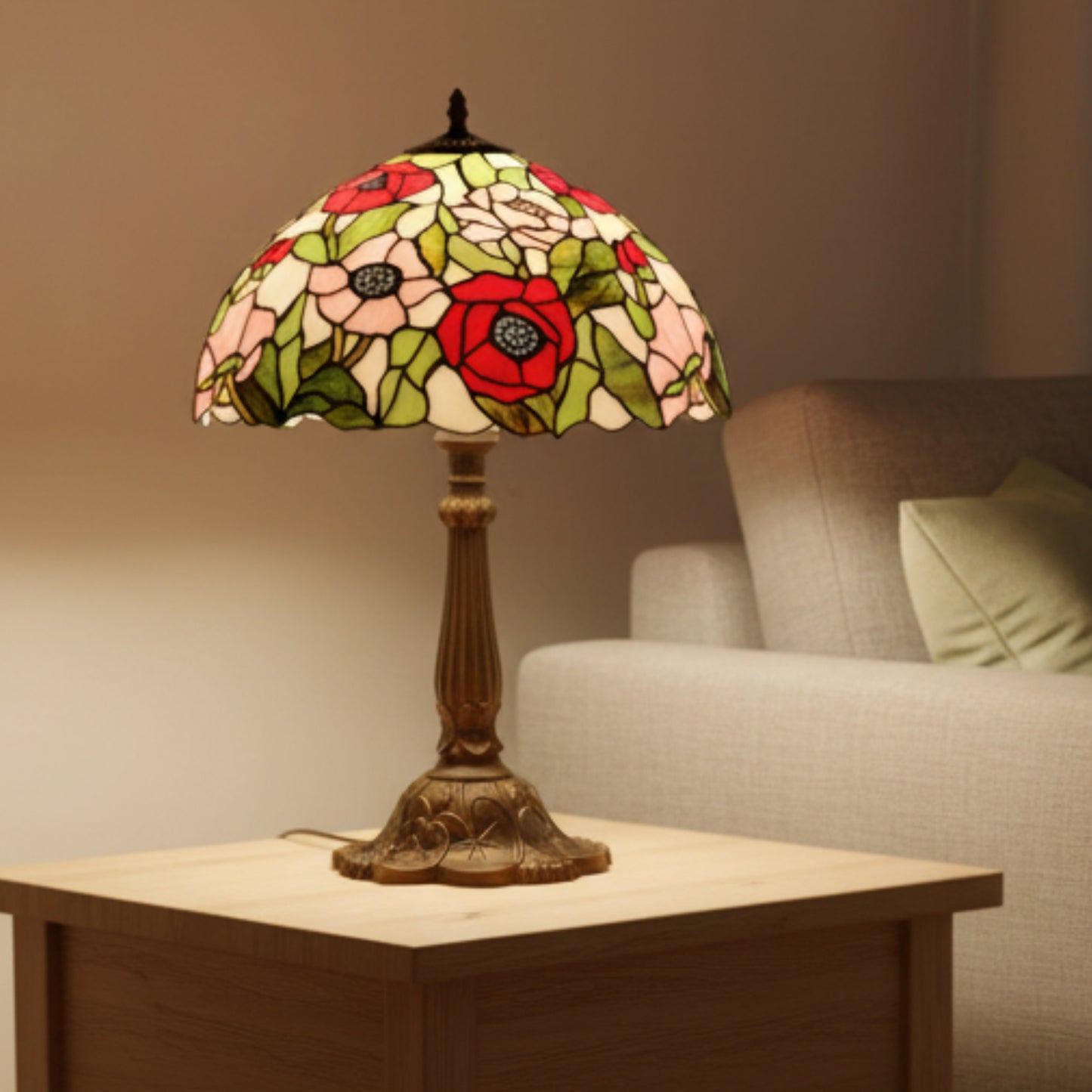 Large Poppy Stained Glass Tiffany Table Lamp Complete for Living Room Bedrooms Hallway Tables