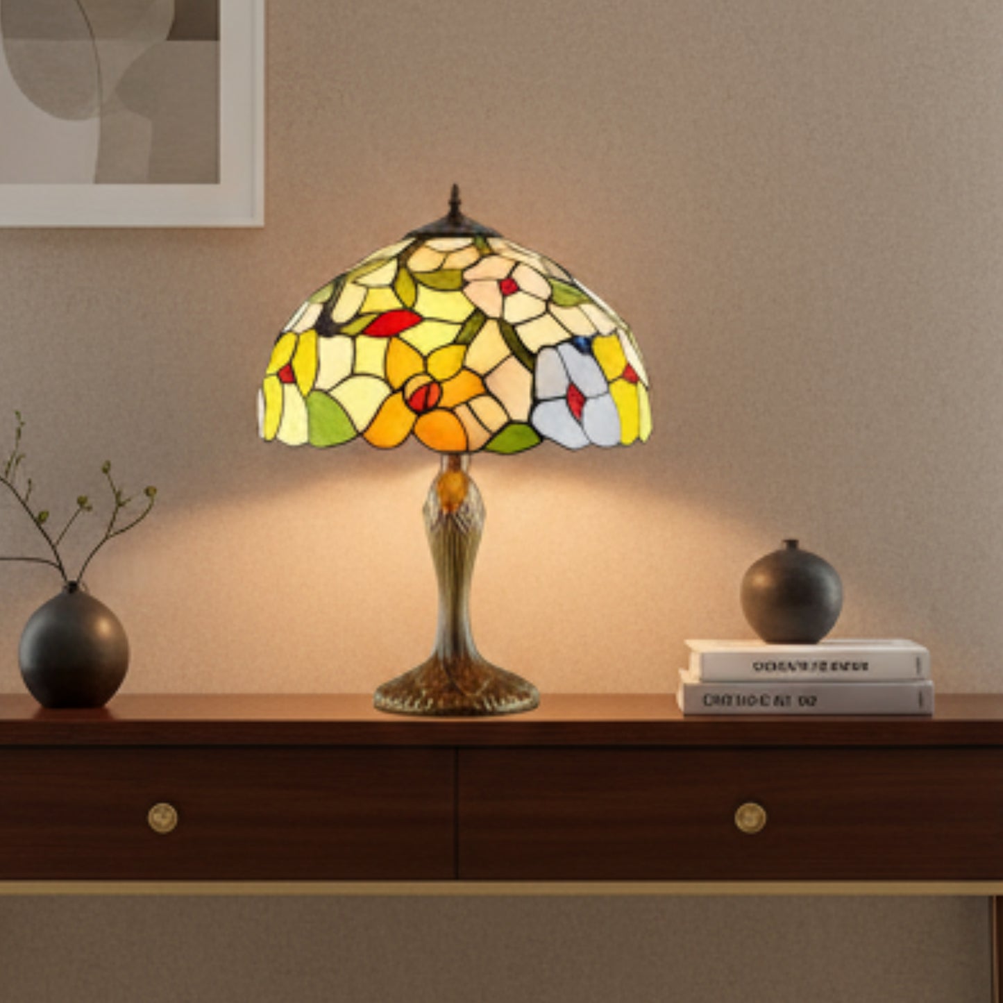 Spring Flower 16 Inch Dia' Stained Glass Tiffany Table Lamp for Living Room Bedrooms Hallway Tables