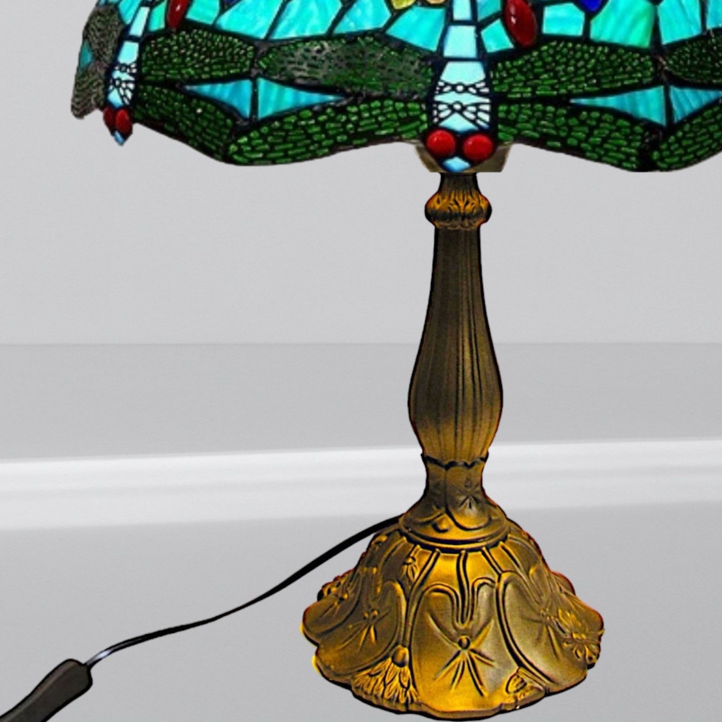 Large Table Lamp Base and Harp with UK Plug, Antique Brass Finish, Height 55cm, 40cm Dia Tiffany Shade Compatible, (L305L for 16' Shade)