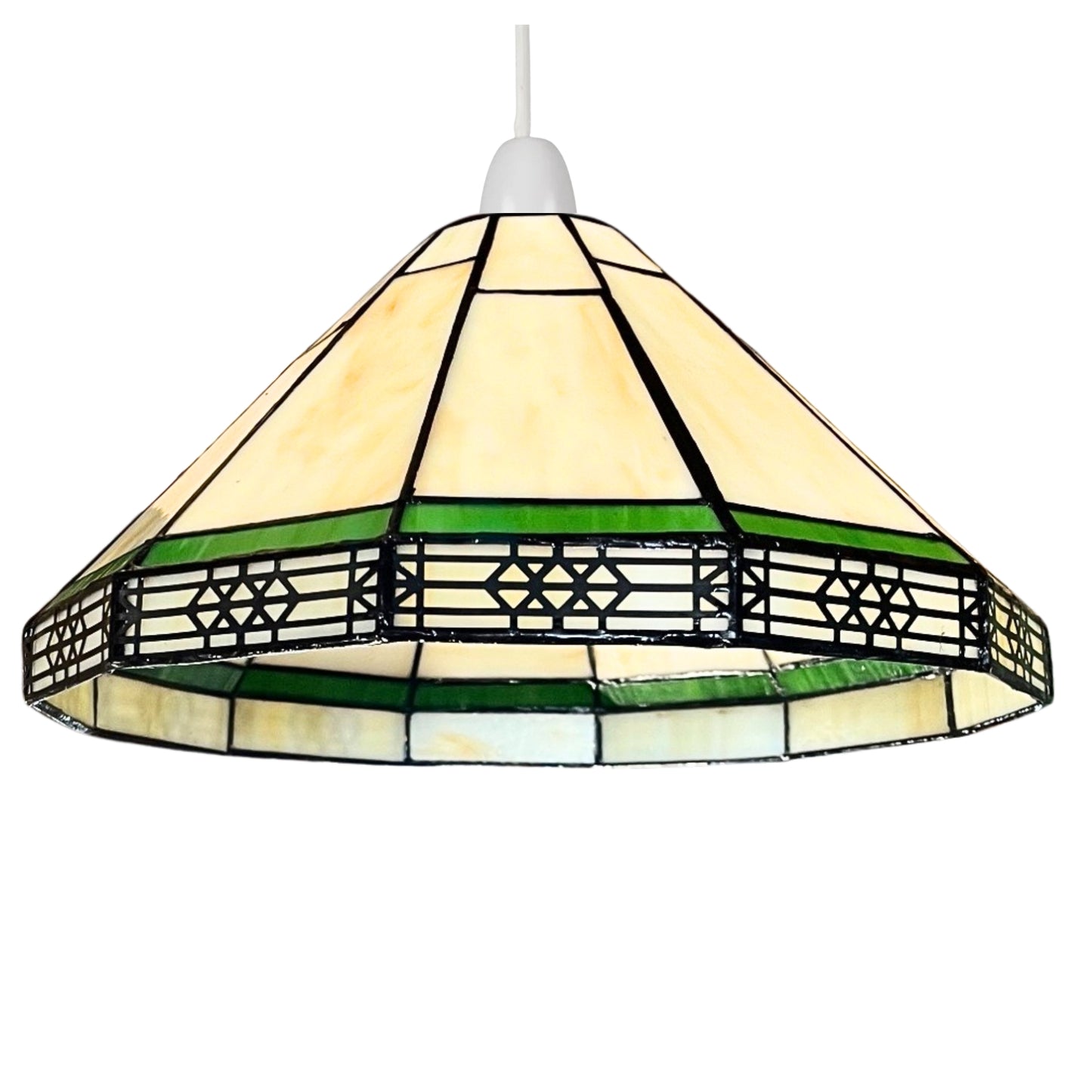 Mission Style Tiffany Shade, 30cm Diameter, Beige and Green Stained Glass, E27/B22 Compatible
