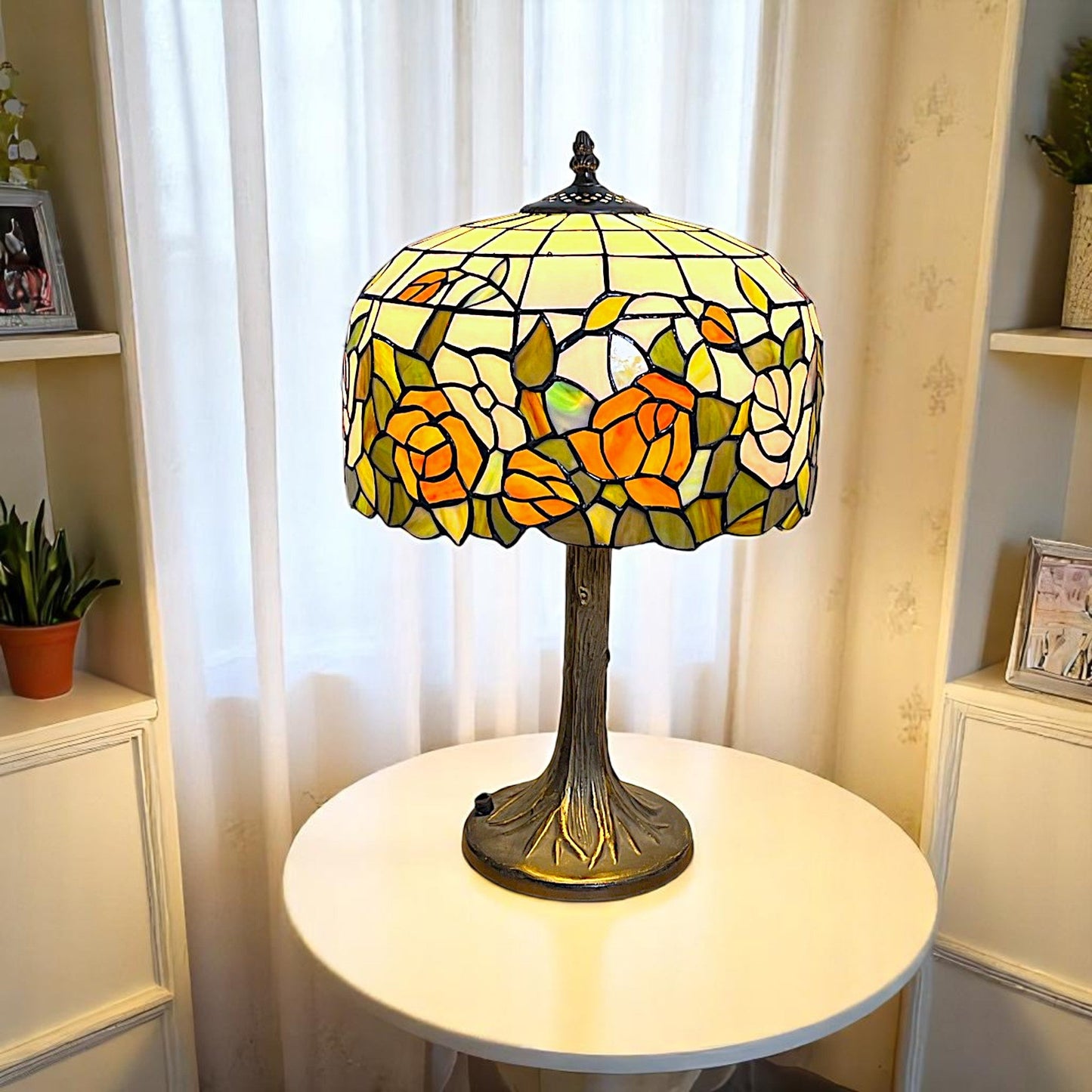 Tiffany Style Table Lamp, 49cm Height, Orange Rose Floral Design, Antique Aluminium Base