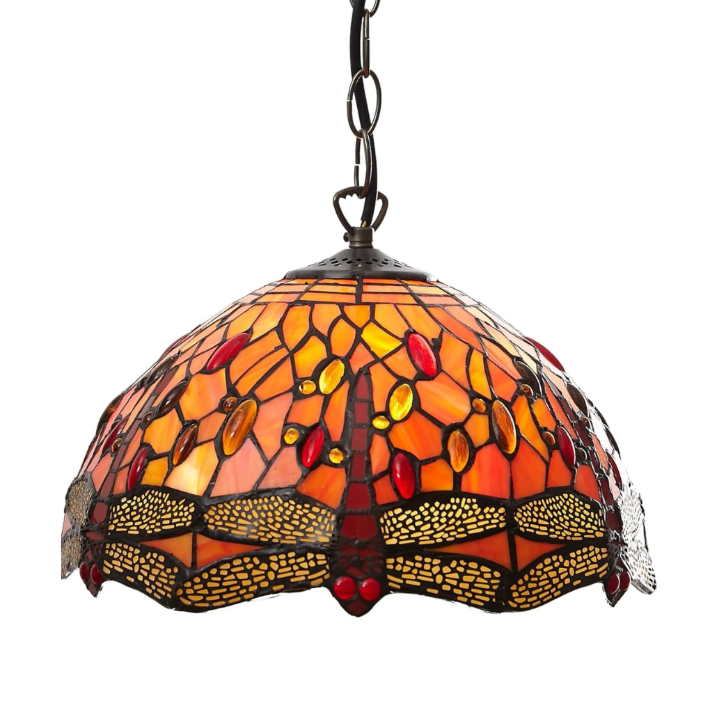 Loxton Lighting - Orange Tiffany Dragonfly Stained Glass Pendant Shade (12inch Dia') with Adjustable 1.5m Chain Pendant Set with B22 Brass Bulb Holder