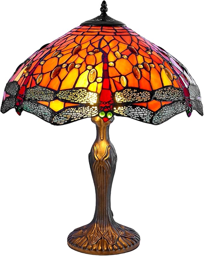 Orange Dragonfly Tiffany Stained Glass Table Lamp - 16 inch Diameter - Great for Living Rooms, Hallways, and Bedrooms