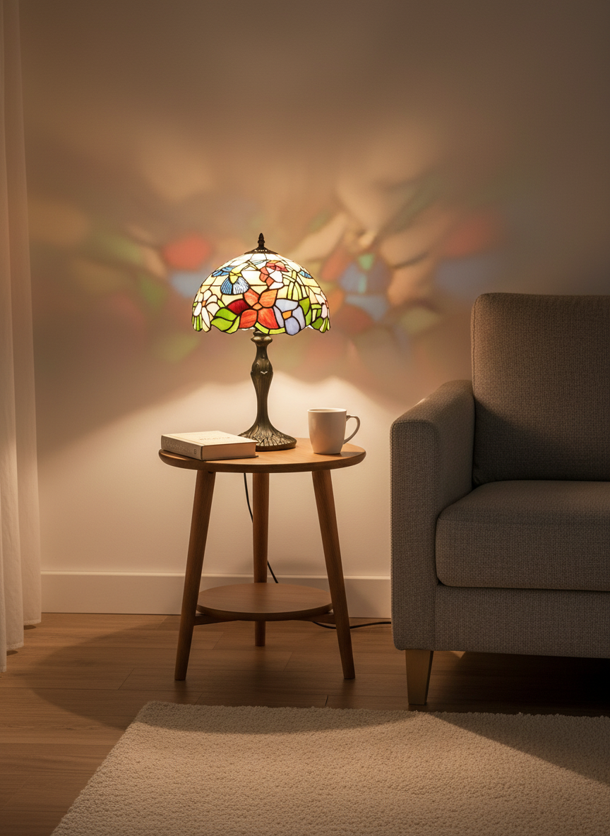 Classic Tiffany Stained Glass Table Lamp - 12 inch Diameter - (Humming-Bird)