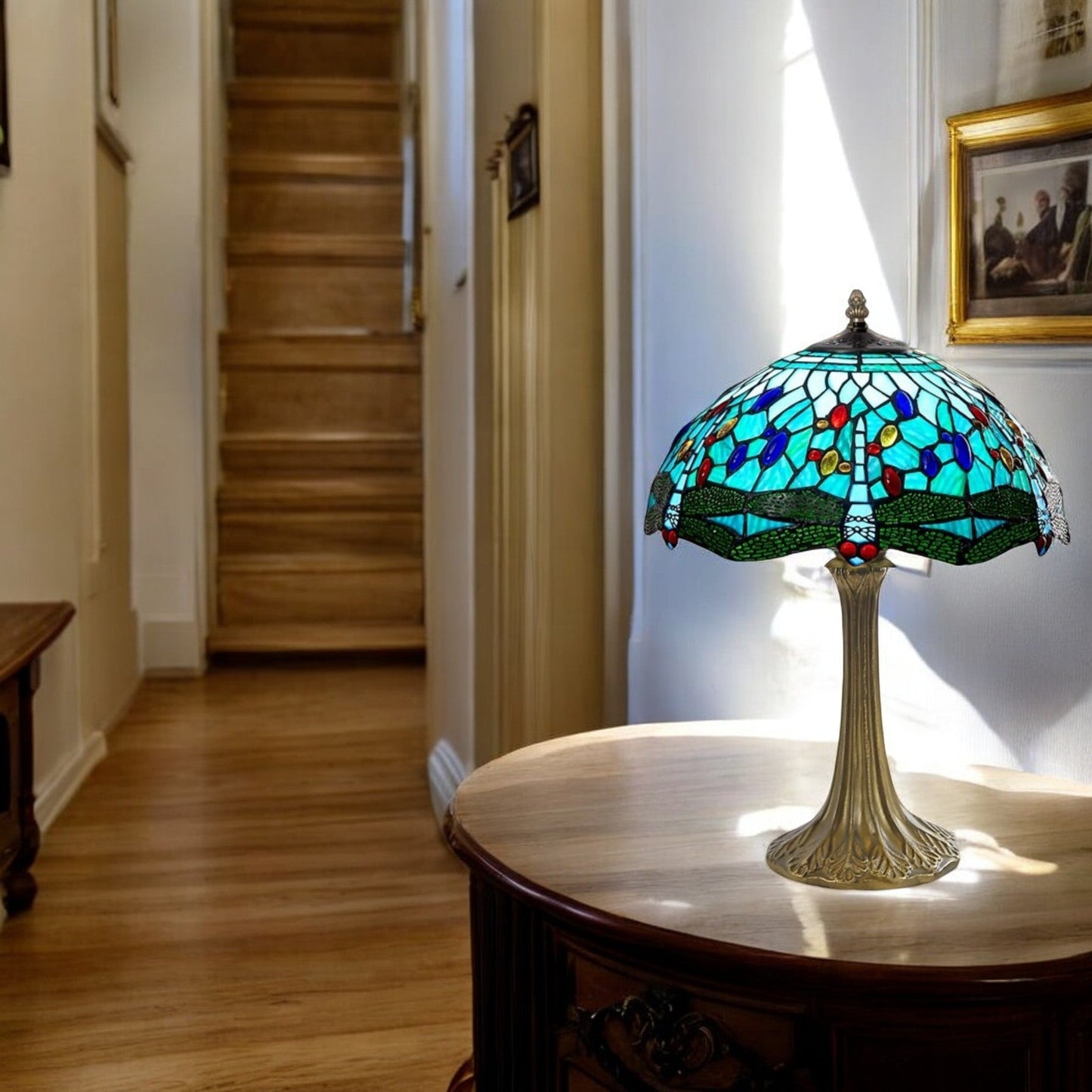 Aqua Blue Dragonfly Tiffany Style Table Lamp -16inch Diameter