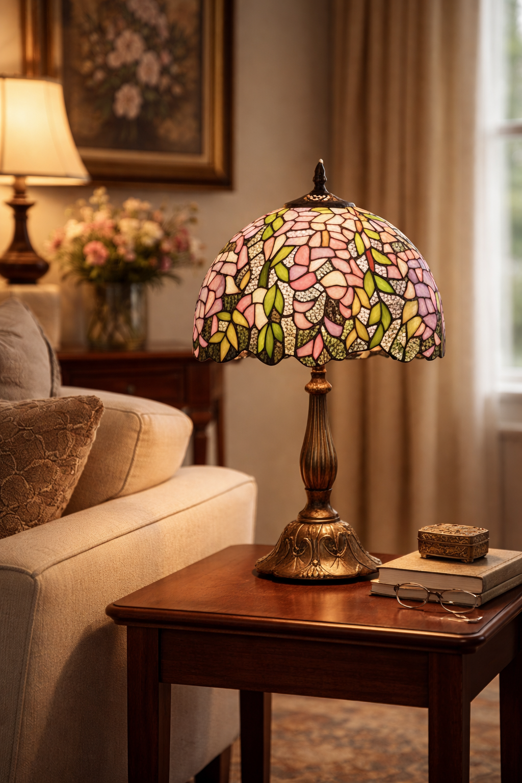 Tiffany Style Stained Glass Table Lamp Complete – Vintage Wisteria Floral Design - 30cm Diameter Shade