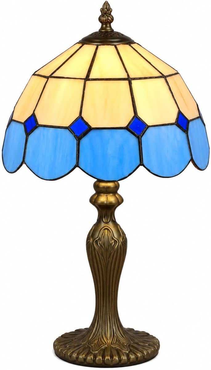 Tiffany Bistro Table Lamp Blue Stained Glass Shade, 41cm | 25cm Diameter Shade, Antique Resin Base, Inline Switch, 1.5m Cable, UK Plug [Energy Class A]