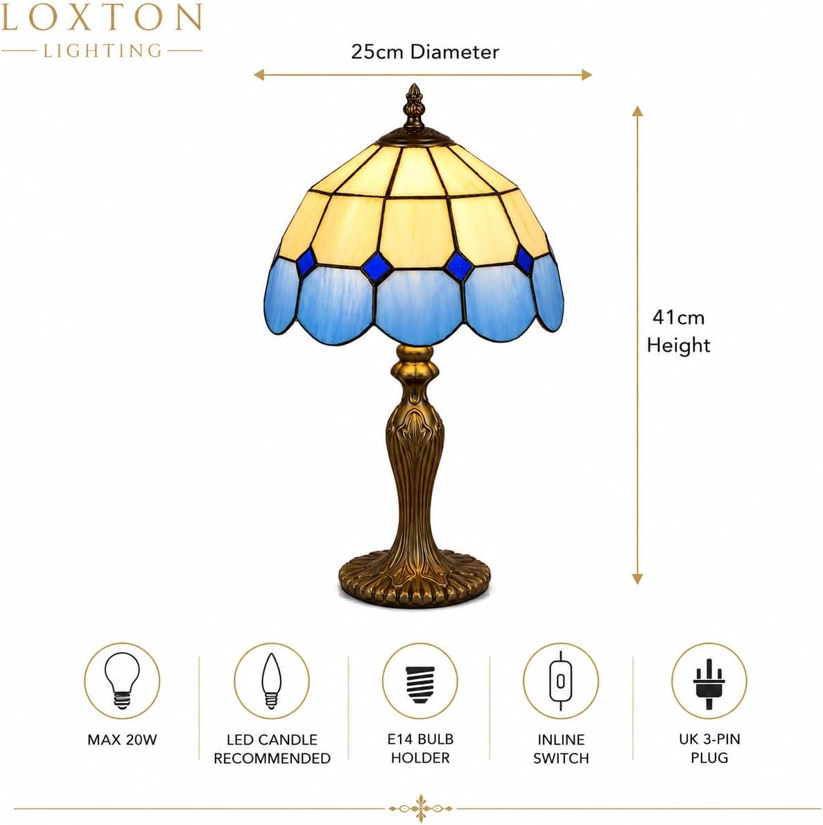 Tiffany Bistro Table Lamp Blue Stained Glass Shade, 41cm | 25cm Diameter Shade, Antique Resin Base, Inline Switch, 1.5m Cable, UK Plug [Energy Class A]