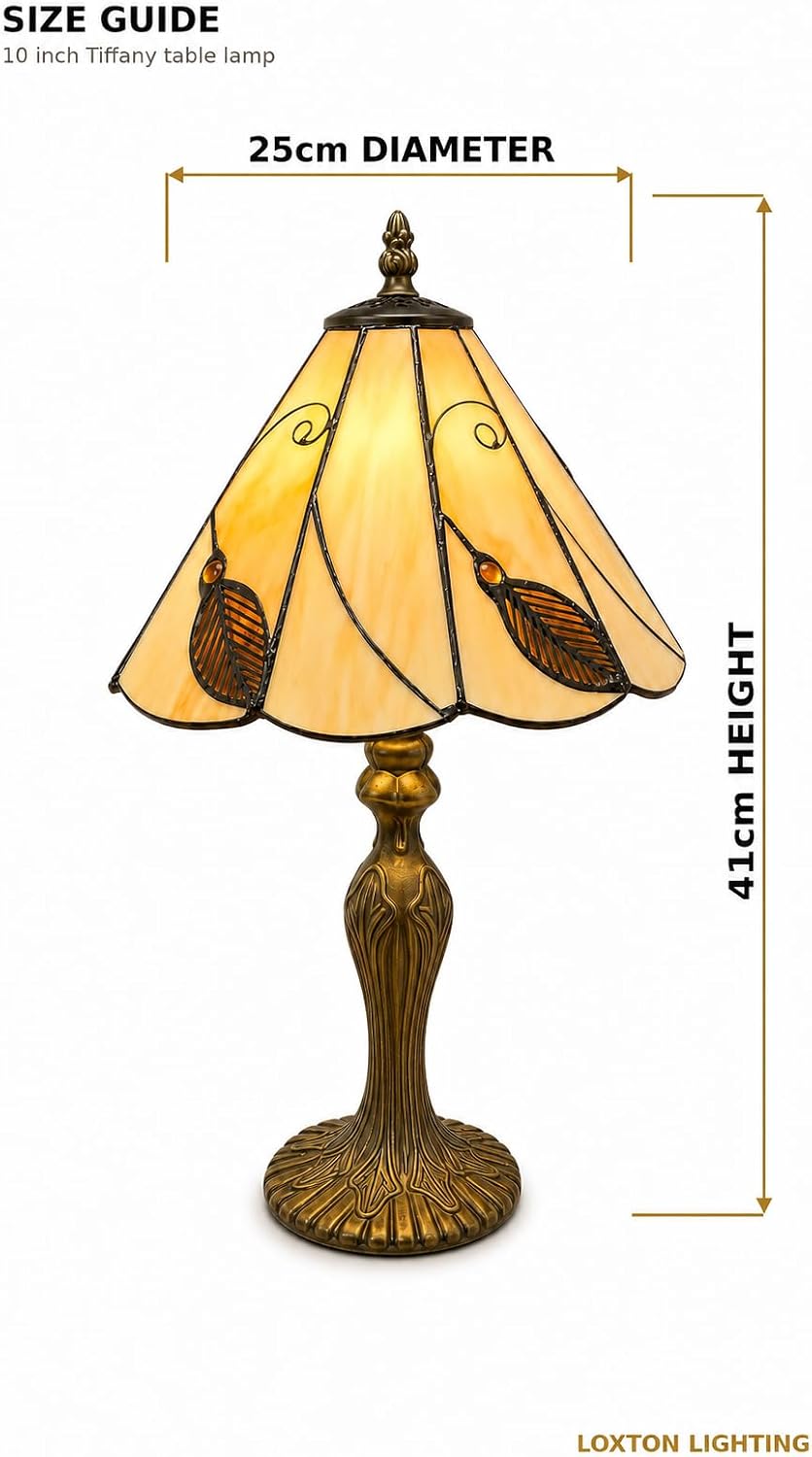 Loxton Lighting Leaf Tiffany Lamp 10inch (Beige - Brown) | 41cm Height, Polyresin Base, Inline Switch, 1.5m Cable Included, British 3 Pin Plug [Energy Class A]