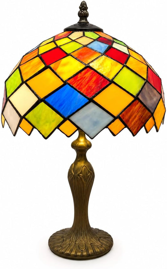 Loxton Lighting Multicolour Patchwork Tiffany Glass Table Lamp | 25cm Diameter Shade, 41cm Height, Antique Brass Finish, Inline Switch, UK 3-Pin Plug