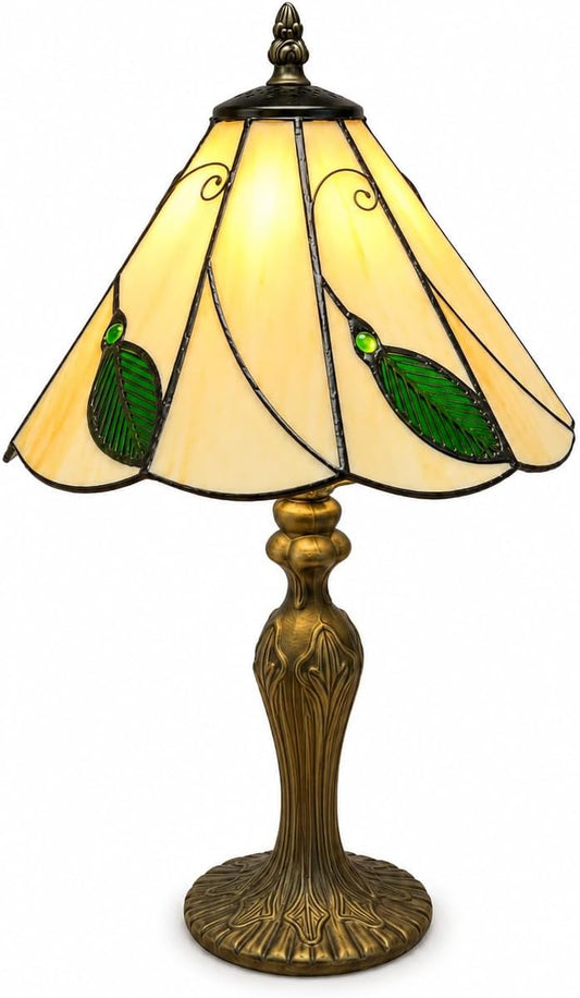 Loxton Lighting Leaf Tiffany Lamp 10inch (Beige - Green) | 41cm Height, Polyresin Base, Inline Switch, 1.5m Cable Included, British 3 Pin Plug [Energy Class A]