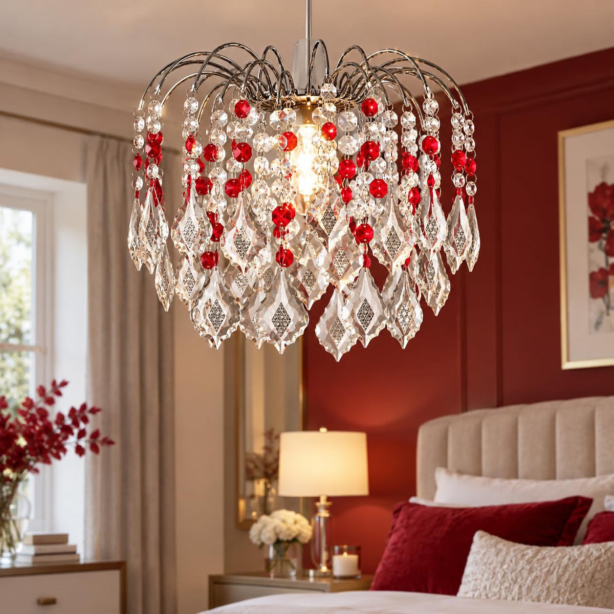 Crystal Acrylic Drop Easy Fit Ceiling Lampshad - Clear & Red Droplets, Chrome Frame