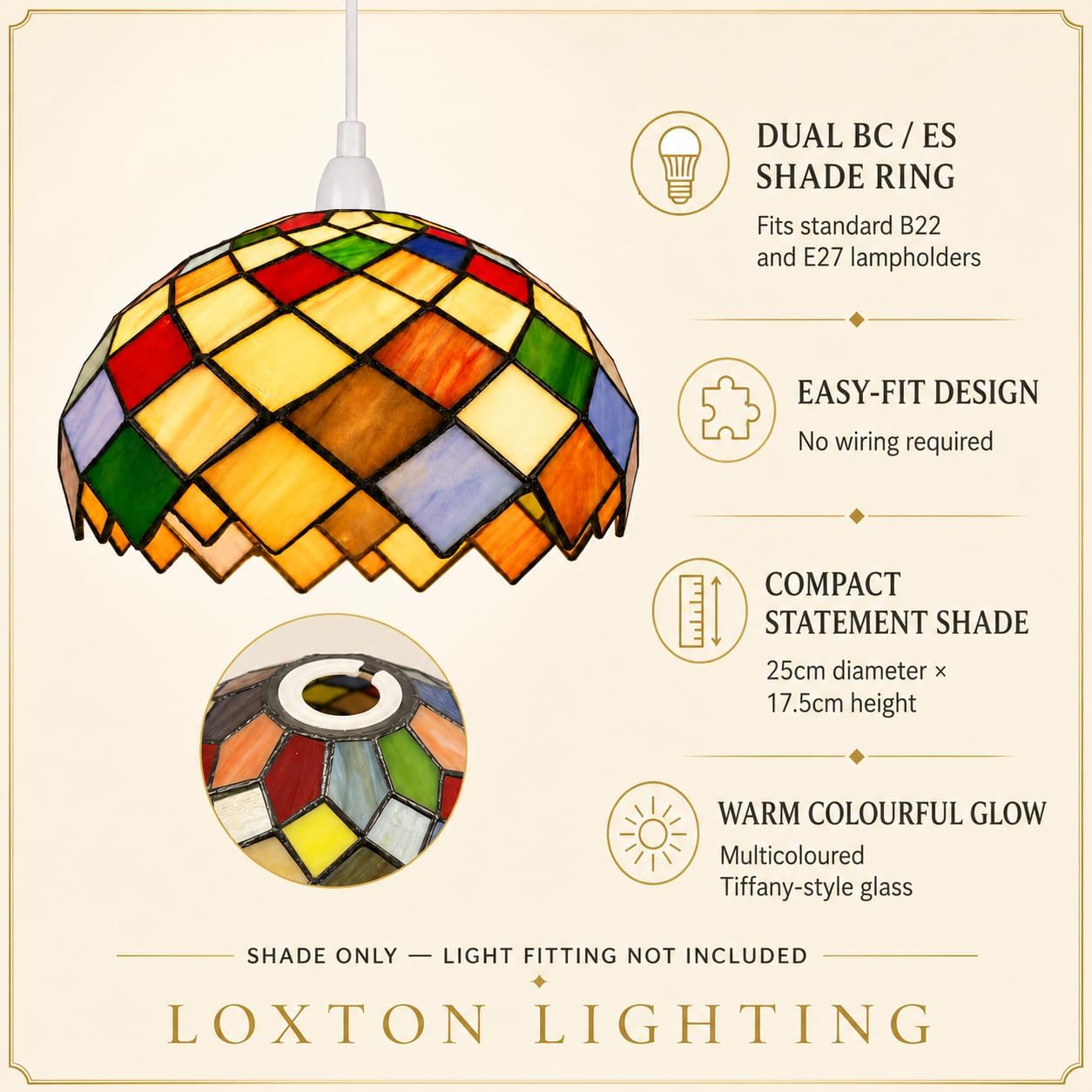 Easy Fit Multi-Colour Patchwork Design Tiffany Glass Pendant Lampshade | Stained Glass