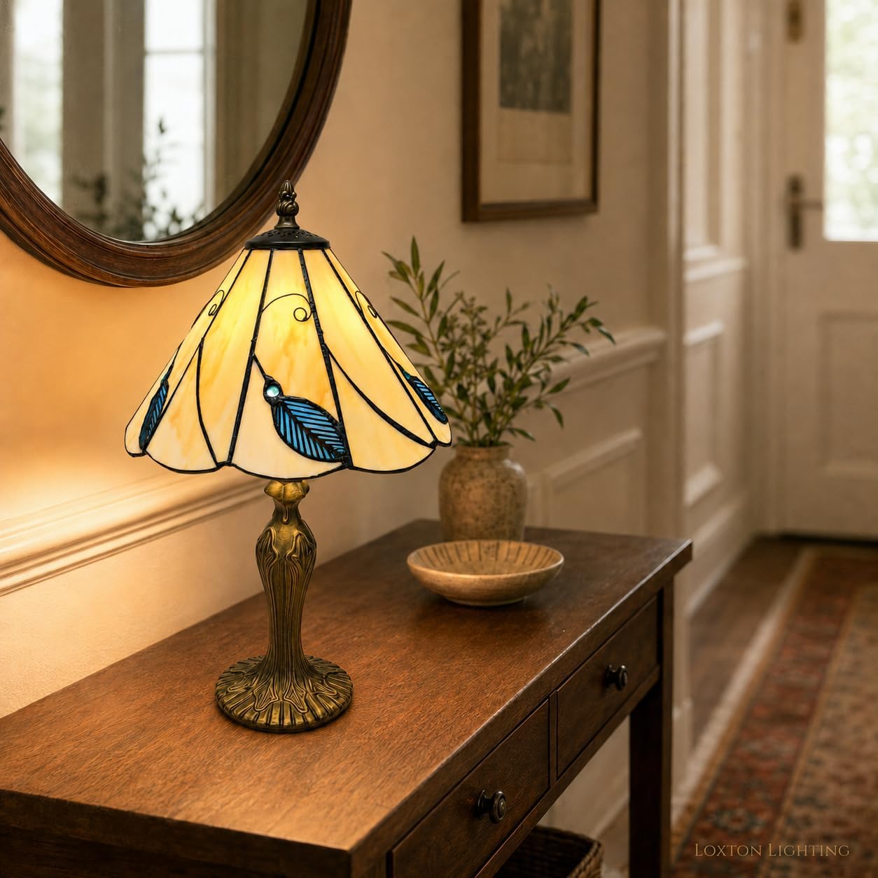 Loxton Lighting Leaf Blue Tiffany Lamp 10inch | 41cm Height, Polyresin Base, Inline Switch, 1.5m Cable Included, British 3 Pin Plug [Energy Class A]