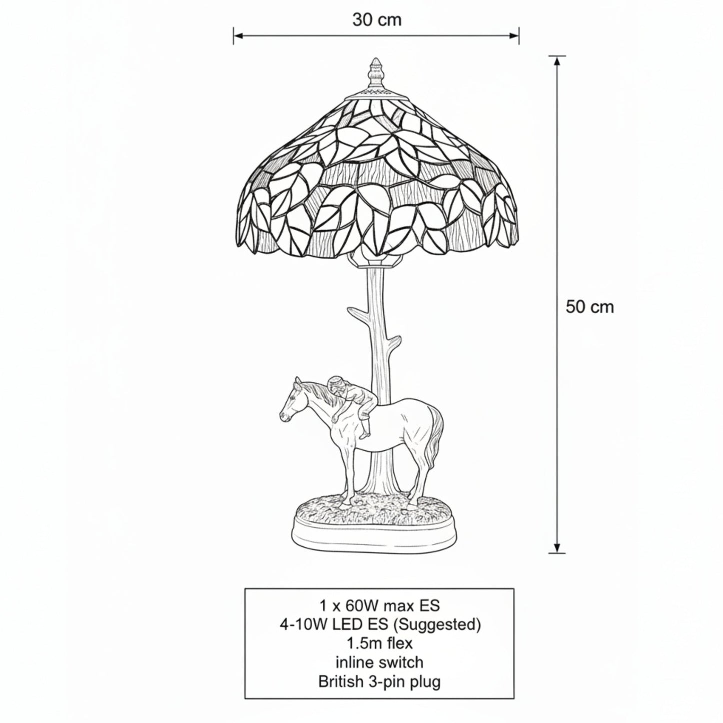 Green Mapleleaf Tiffany Table Lamp with Horse Base, 30cm Diameter Shade, 50cm Height, UK Plug [Energy Class A]
