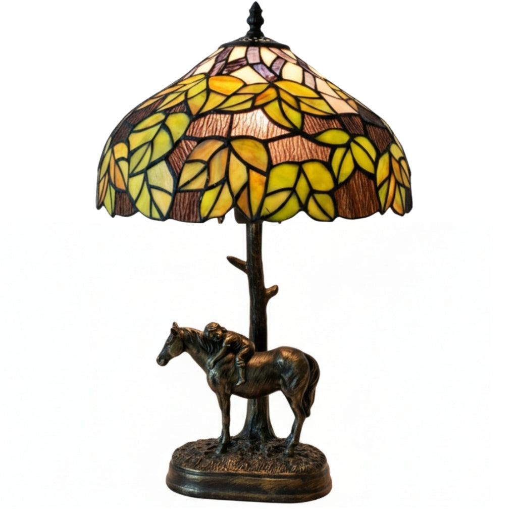 Green Mapleleaf Tiffany Table Lamp with Horse Base, 30cm Diameter Shade, 50cm Height, UK Plug [Energy Class A]