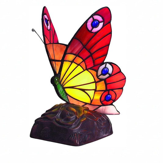Tiffany Style Butterfly Table Lamp, Stained Glass Night Light, 10 Inch Handmade Decorative Accent Lamp for Bedroom, Living Room, Office, Art Deco Animal Design