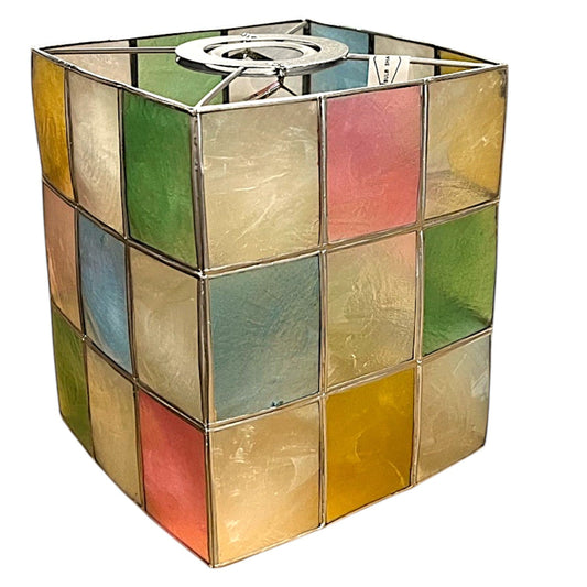 Modern Capiz Shell Cube Pendant Light, Handcrafted Colorful 15cm Hanging Ceiling Lamp, 14cm Wide – Artistic Decor for Bedroom, Living Room, Hallway & Kids Room