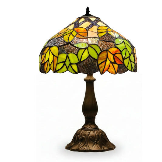Loxton Lighting Classic Green Mapleleaf Tiffany Stained Glass Table Lamp - 12 inch Diameter - Great for Living Rooms, Hallways, and Bedrooms (CR20-12S+L305M)