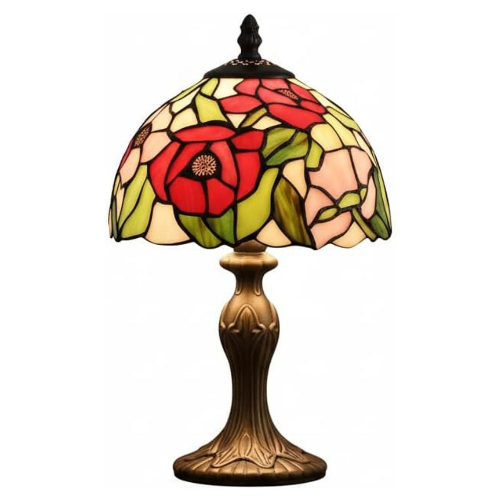 Tiffany Style Table Lamp, 8-Inch Poppy Stained Glass Shade, Antique Polyresin Base, in-Line Switch, 1.5m Cable, British Plug – Art Nouveau Accent Light for Living Room, Bedroom, Office