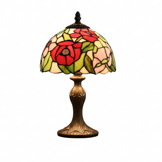 Tiffany Style Table Lamp, 8-Inch Poppy Stained Glass Shade, Antique Polyresin Base, in-Line Switch, 1.5m Cable, British Plug – Art Nouveau Accent Light for Living Room, Bedroom, Office