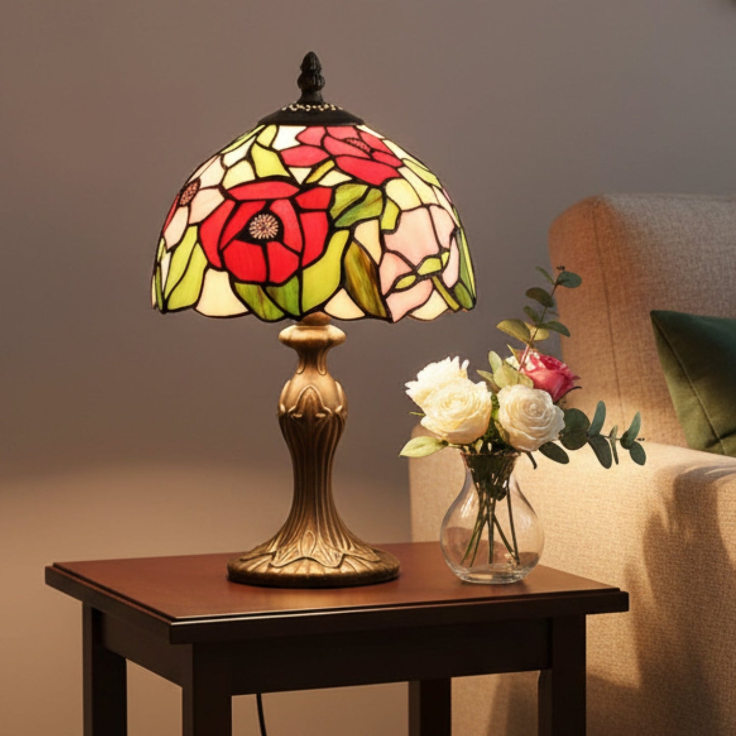 Tiffany Style Table Lamp, 8-Inch Poppy Stained Glass Shade, Antique Polyresin Base, in-Line Switch, 1.5m Cable, British Plug – Art Nouveau Accent Light for Living Room, Bedroom, Office