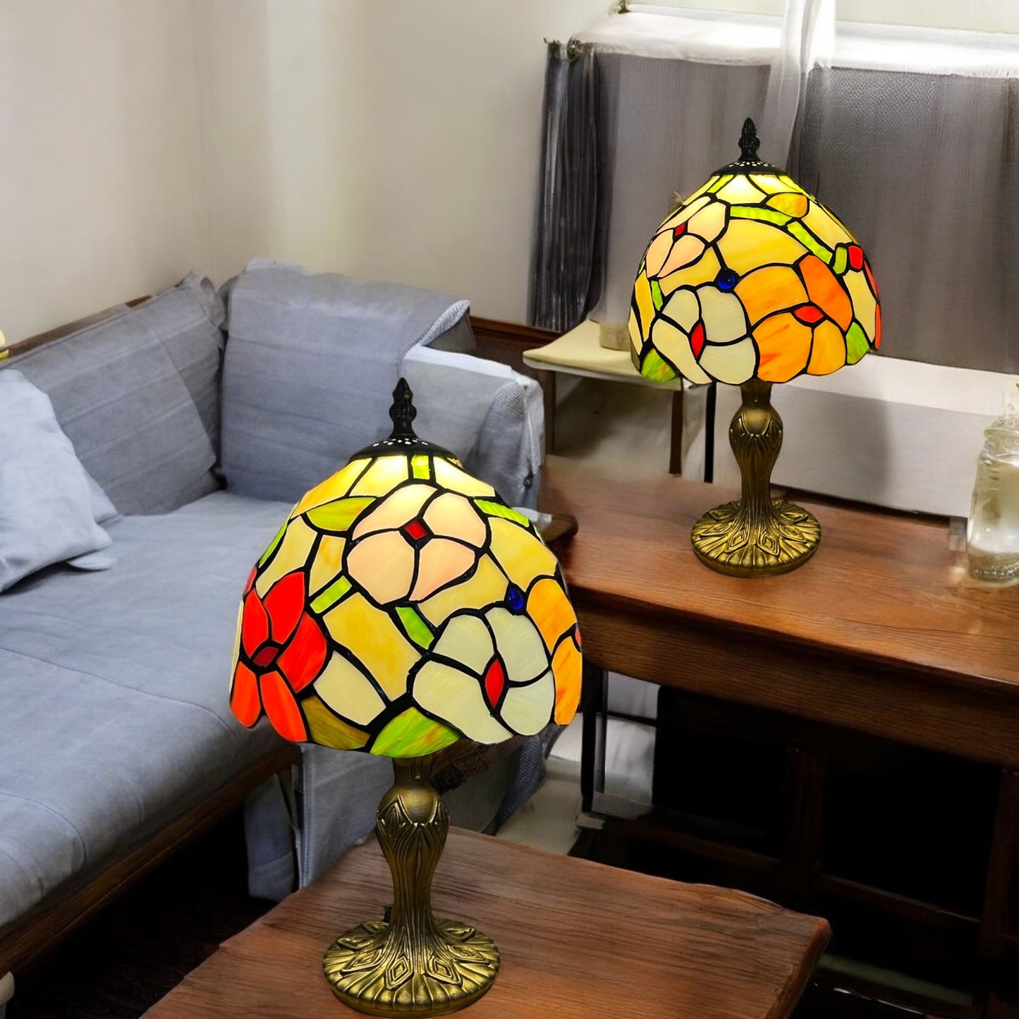 Spring Flower Stained Glass Tiffany Table Lamp for Living Room Bedrooms Hallway Tables