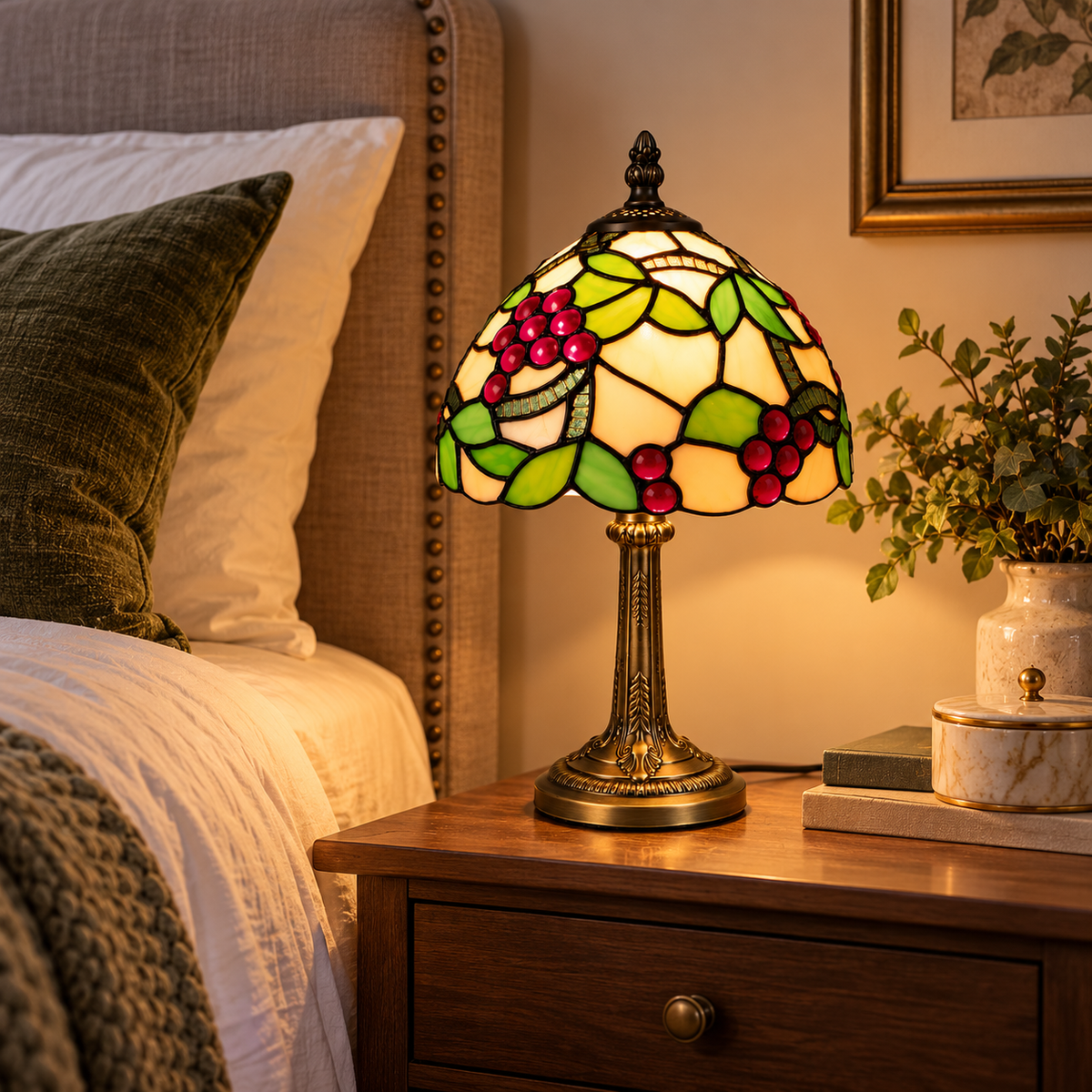 Loxton Lighting GS01 Tiffany Style Stained Glass Table Lamp – Red Grape & Green Leaf Design