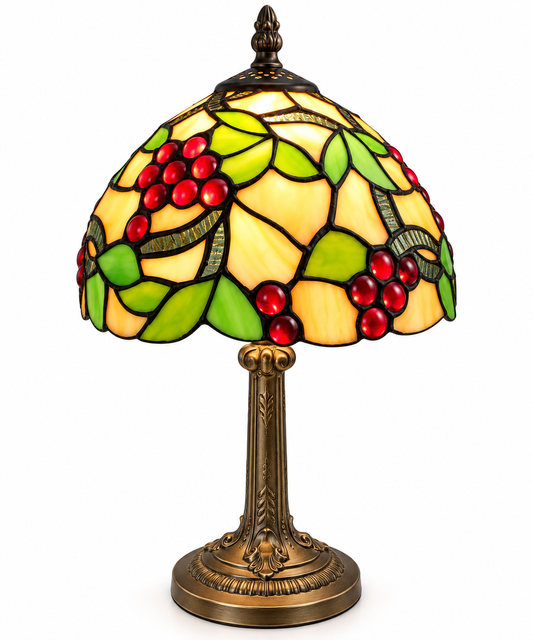 Loxton Lighting GS01 Tiffany Style Stained Glass Table Lamp – Red Grape & Green Leaf Design