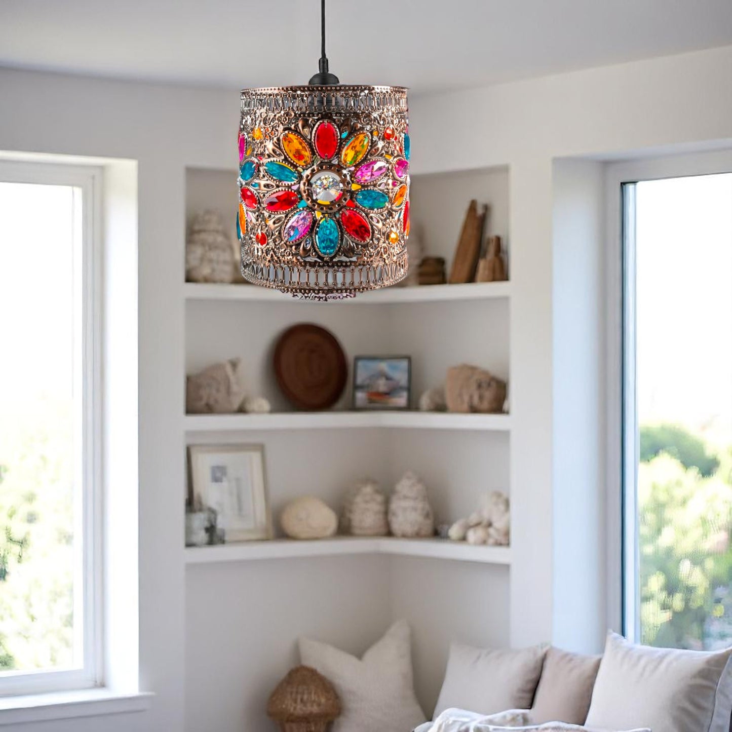 Moroccan Style Jewel Drum in Amber, Blue, Red and Yellow on a Copper Frame - Beautiful Lampshade Pendant for bedrooms, Living Rooms, hallways, Any Room
