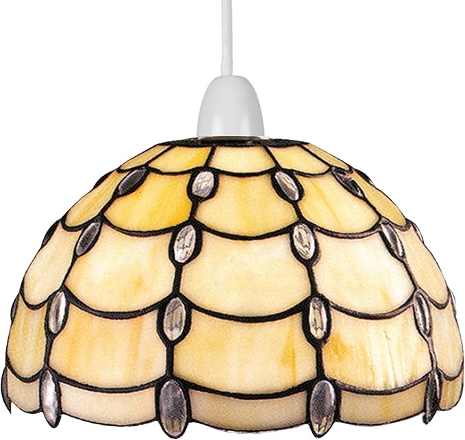 Tiffany Style Pendant Light, Stained Glass Jewel Dome Lampshade, Easy Fit Ceiling Fixture, Beige Jewel