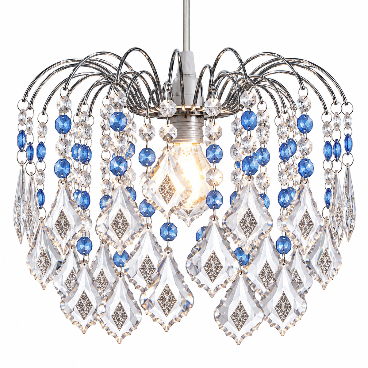 Crystal Effect Pendant Shade Blue 29cm Polished Chrome Finish, Acrylic Droplets, Dual Shade Ring, 25cm Height, Easyfit Design