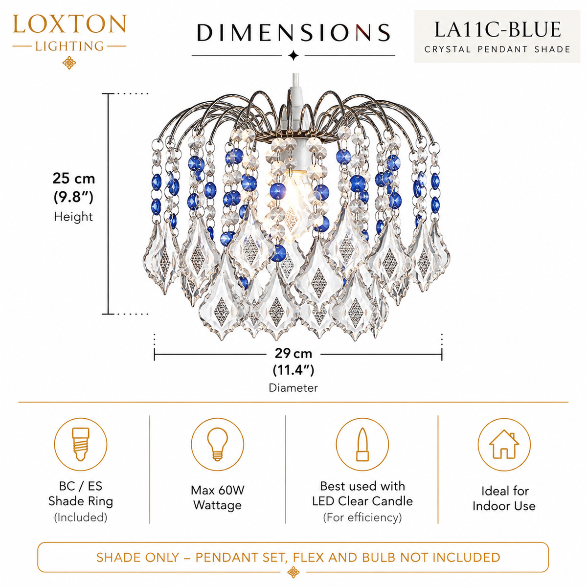 Crystal Effect Pendant Shade Blue 29cm Polished Chrome Finish, Acrylic Droplets, Dual Shade Ring, 25cm Height, Easyfit Design