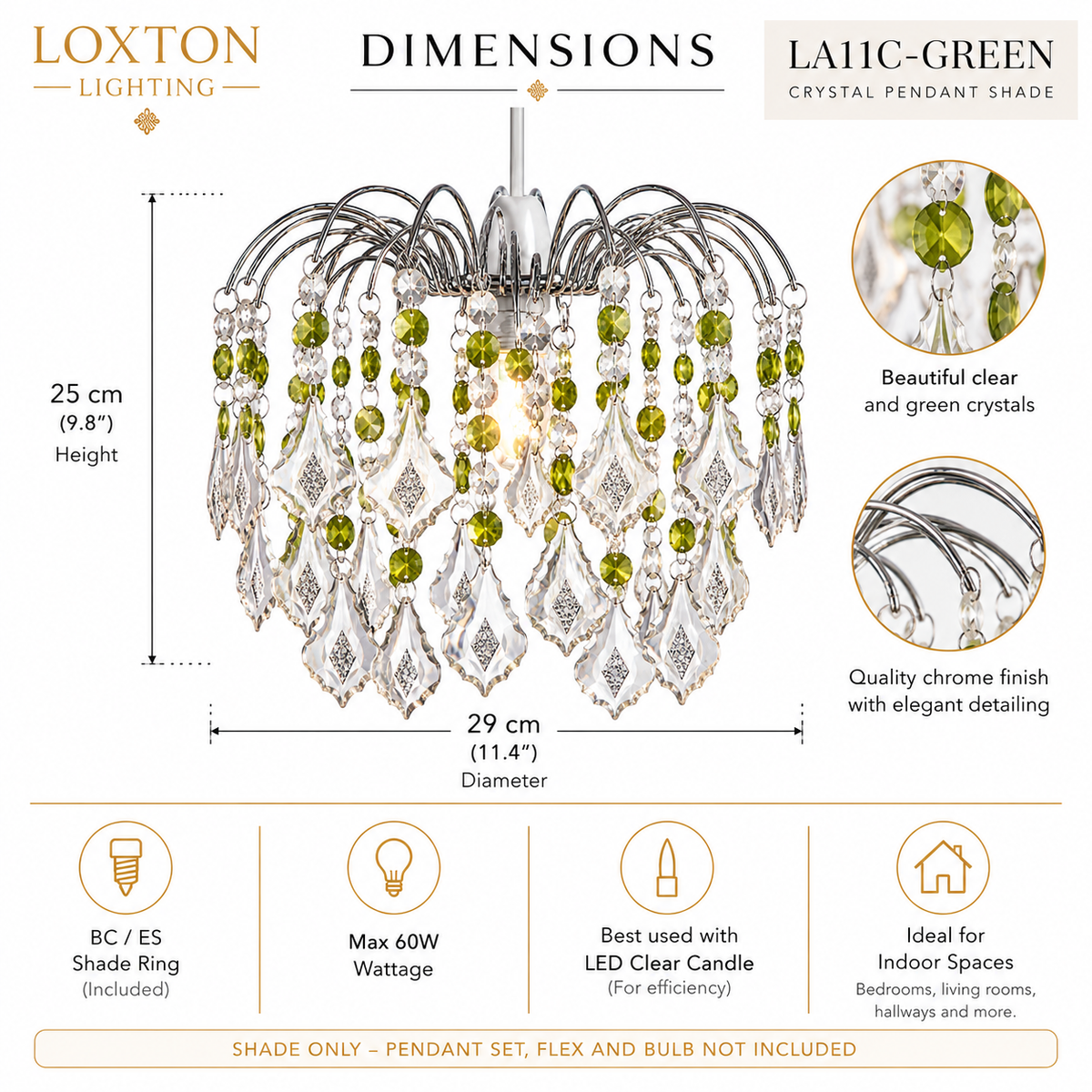 Crystal Acrylic Drop Easy Fit Ceiling Lampshade Clear & Green Droplets, Chrome Frame, 29cm Diameter, 25cm Height, BC/ES Shade Ring