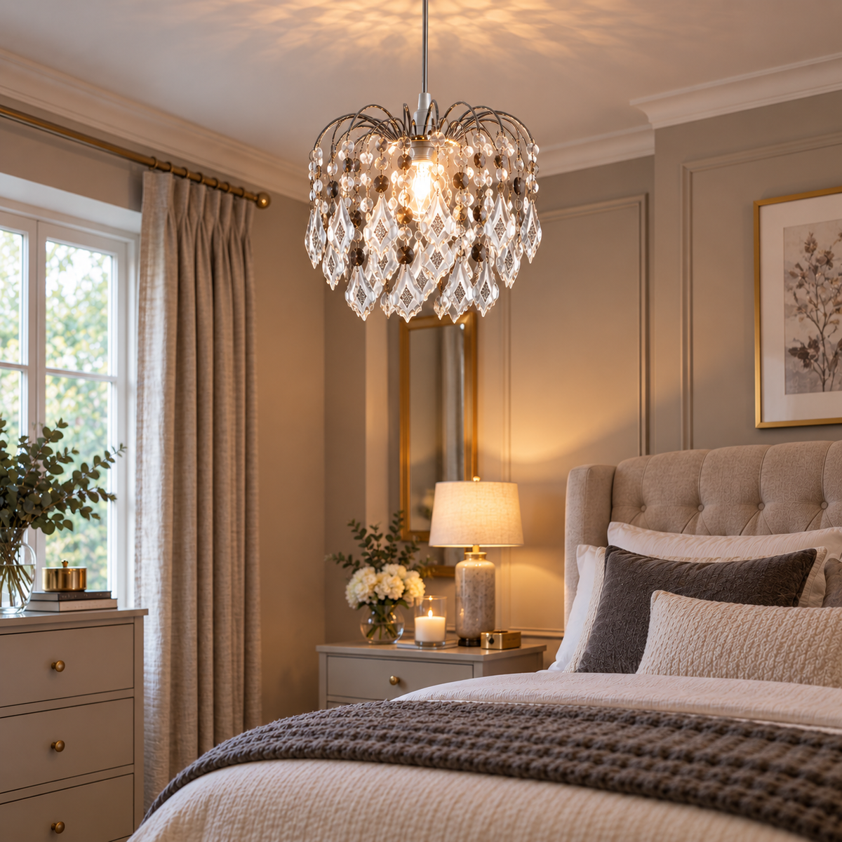 Crystal Acrylic Drop Easy Fit Ceiling Lampshade Clear & Grey Droplets, Chrome Frame, 29cm Diameter, 25cm Height, BC/ES Shade Ring