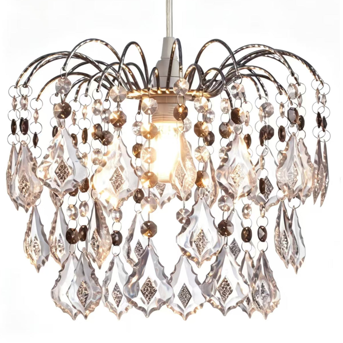Crystal Acrylic Drop Easy Fit Ceiling Lampshade Clear & Grey Droplets, Chrome Frame, 29cm Diameter, 25cm Height, BC/ES Shade Ring