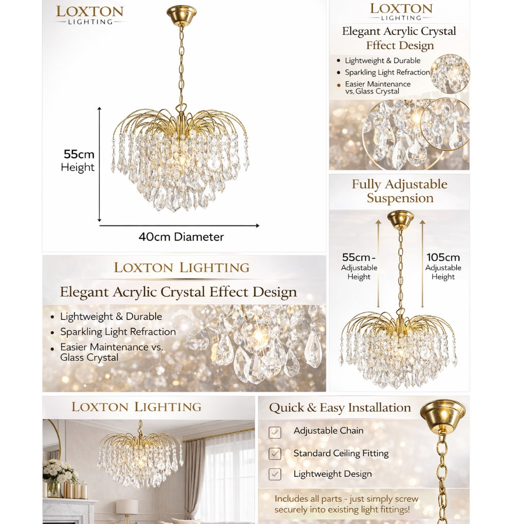 6-Tier Crystal Effect Fountain 1 Light Chandelier Ceiling Pendant with Gold Finish Frame Great for Living Room Hallway or Bedroom