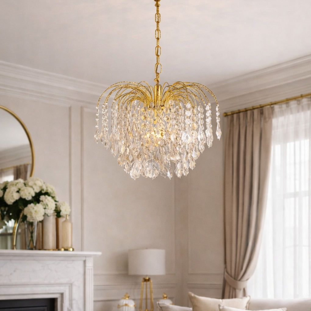 6-Tier Crystal Effect Fountain 1 Light Chandelier Ceiling Pendant with Gold Finish Frame Great for Living Room Hallway or Bedroom