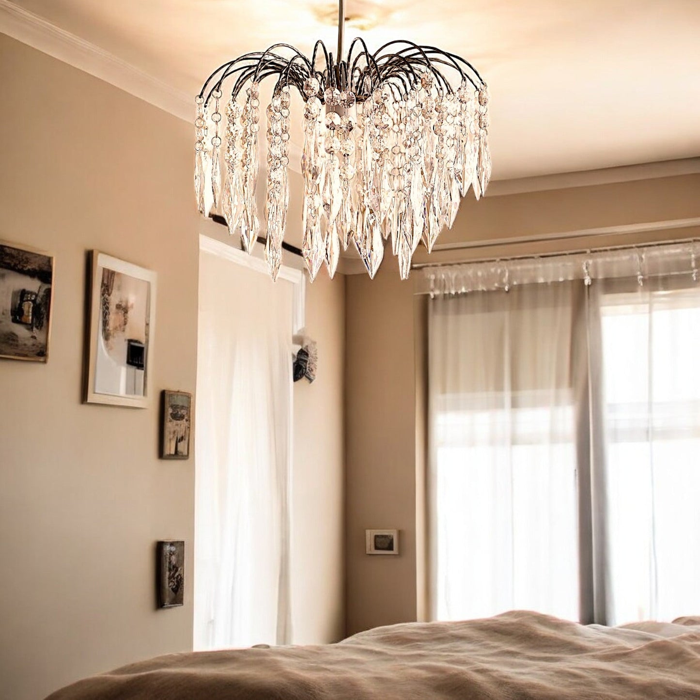 Easy Fit Chrome Crystal Effect Fountain Pendant Lampshade (4 Tier - 35cm Dia')