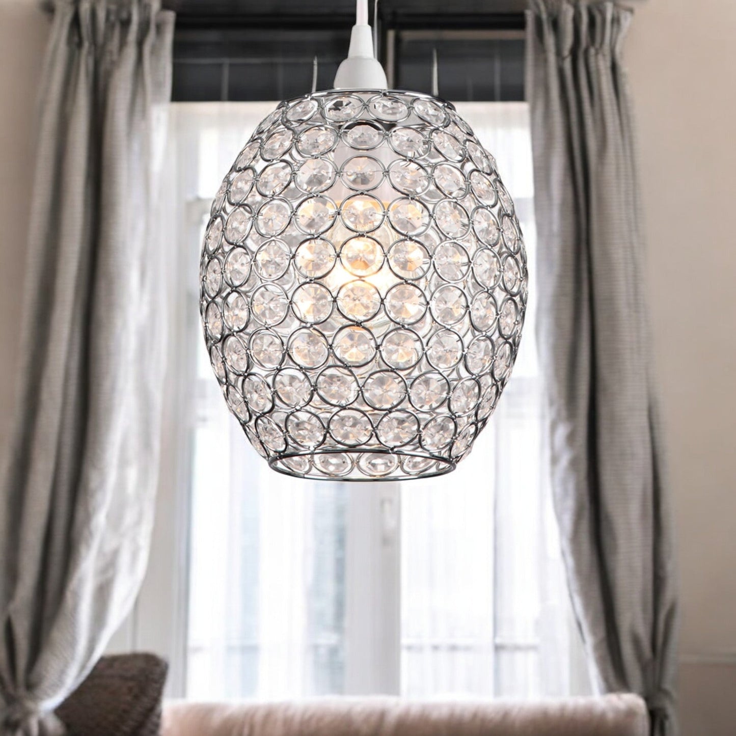 Oval Crystal Pendant Light Shade Clear Jewels with Modern Chrome Hanging lamp - EasyFit ES/BC Shade Ring Ceiling Light for Bedrooms, Lounges, Halls, Kitchens
