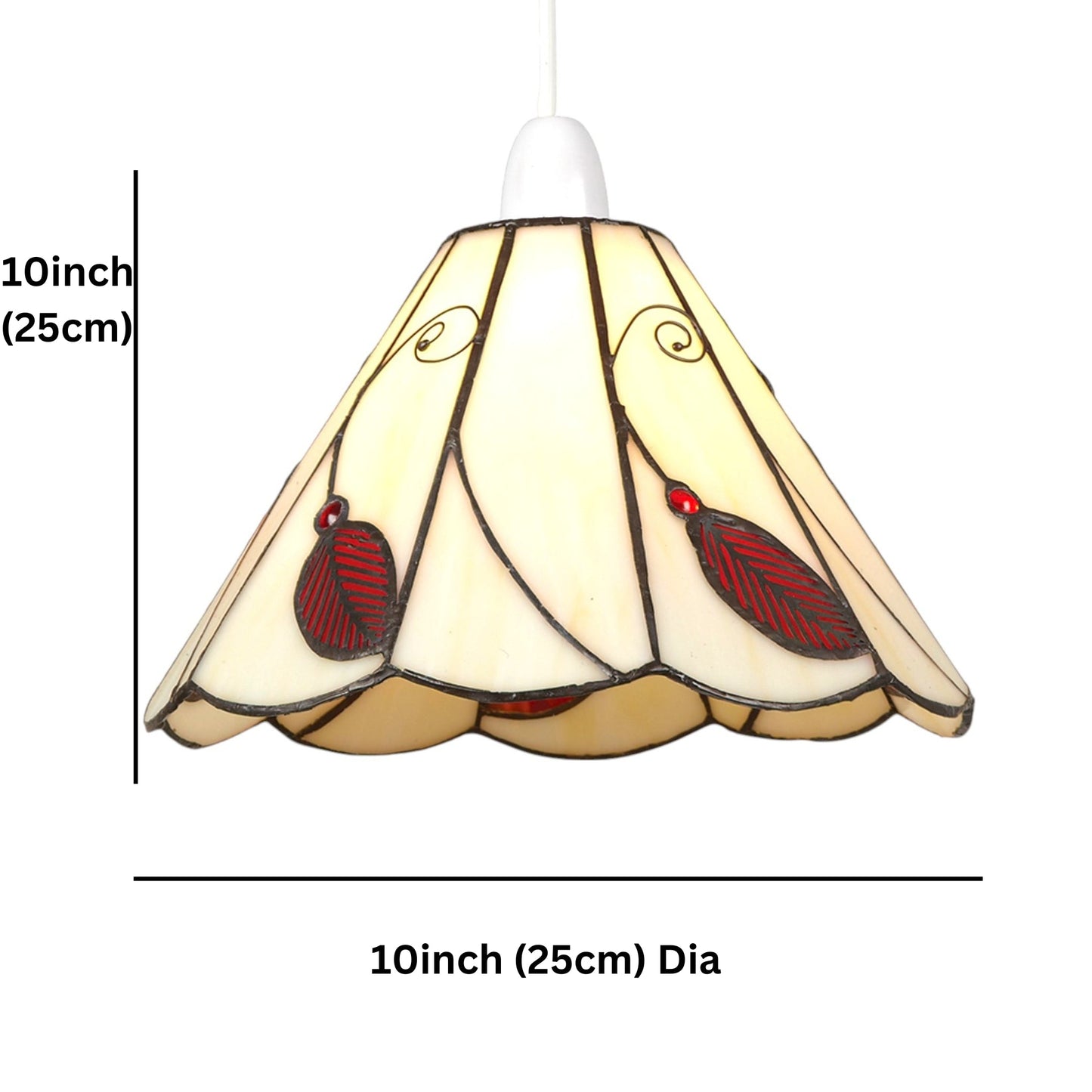 Tiffany Style Pendant Light Shade, 25 cm, Beige Leaf Design, Scalloped Glass (Red)