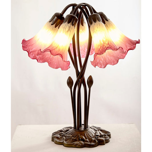 5 Light Pond Lily Table Lamp Complete with Glass Shades - White/Pink