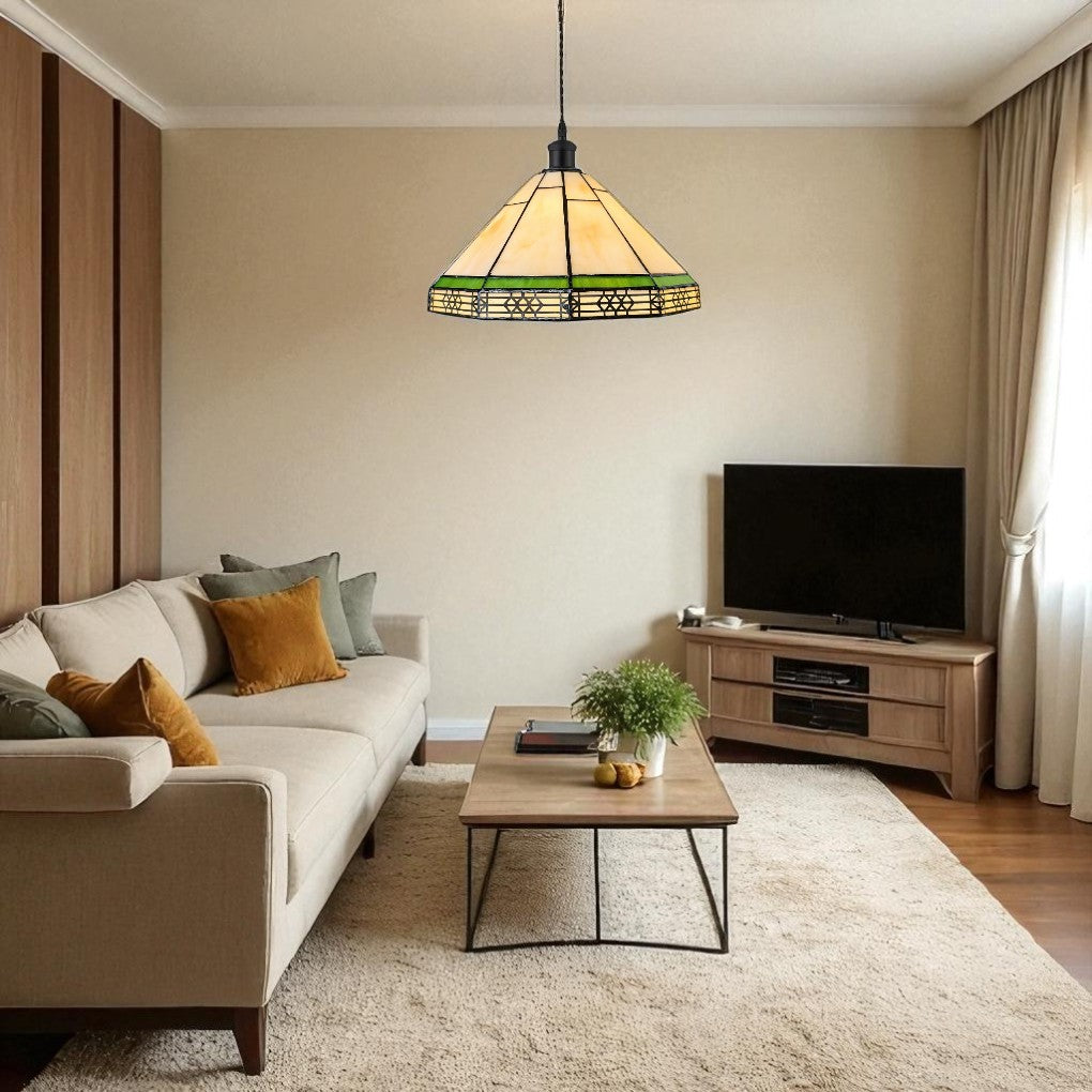 Mission Style Tiffany Shade, 30cm Diameter, Beige and Green Stained Glass, E27/B22 Compatible