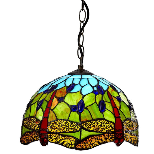 30cm Blue and Green Tiffany Shade with Red Dragonfly and colour jewels complete with an AB1 Brass Bulbholder Pendant Set