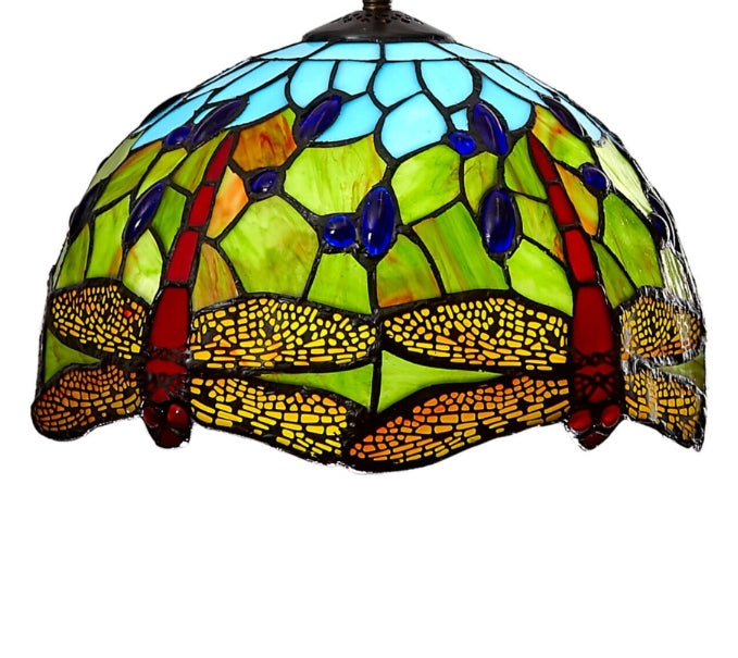 30cm Blue and Green Tiffany Shade with Red Dragonfly and colour jewels (shade only)