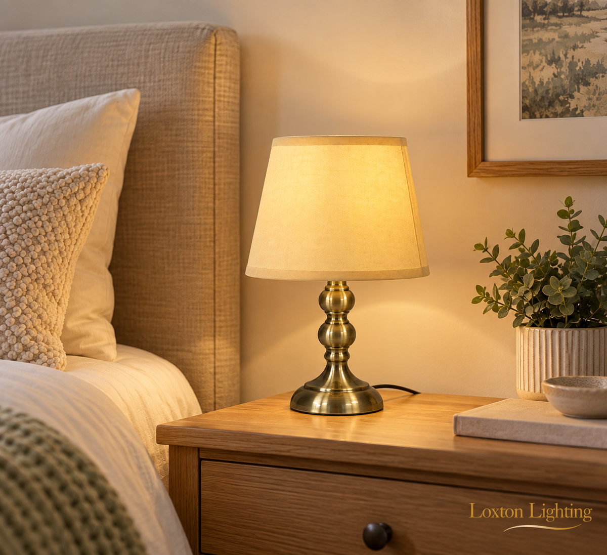 Mini Antique Brass Table Lamp with Beige Shade [Energy Class A] E27 Bulb Holder, In-Line Switch, 30cm Total Height, 1.5m Cable, UK 3-Pin Plug