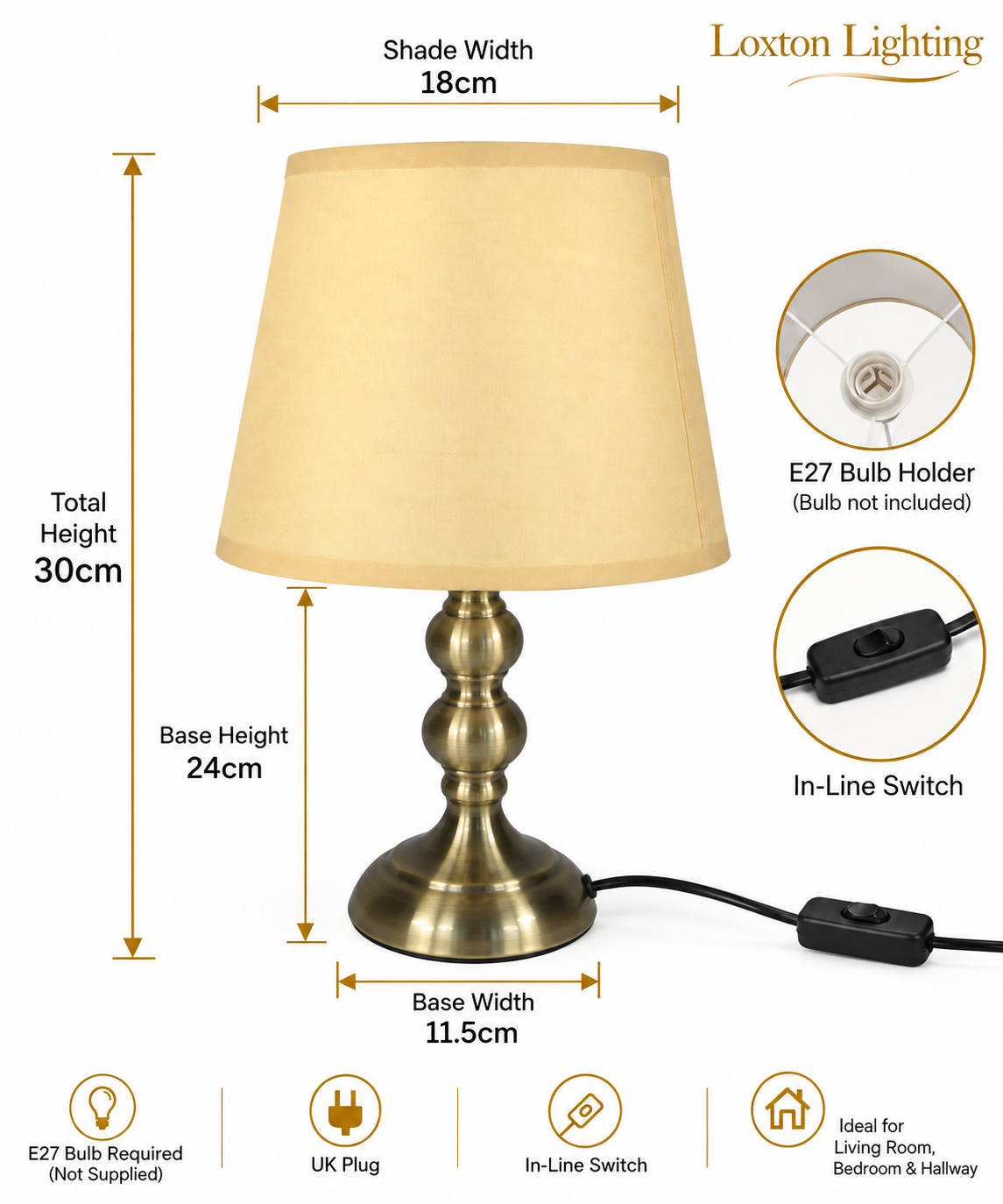 Mini Antique Brass Table Lamp with Beige Shade [Energy Class A] E27 Bulb Holder, In-Line Switch, 30cm Total Height, 1.5m Cable, UK 3-Pin Plug